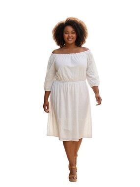 Lane Bryant White Eyelet Dress 14/16 Boho Cottagecore Off Shoulder Peasant